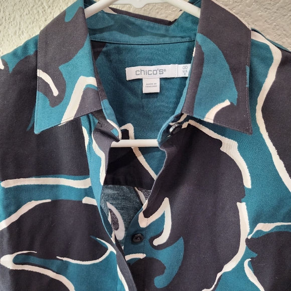 NWT Chico's No Iron Stretch Scroll Print Shirt Size 0 XS  Green and Black - Picture 8 of 10